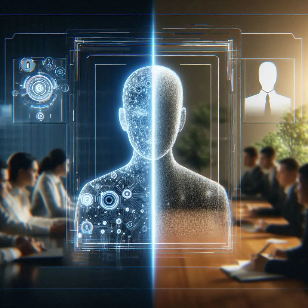 A split image: one side showing an AI interface analyzing data, the other side showing a blurred or anonymized CV, symbolizing the combination of AI and anonymous CVs for fair recruitment. Modern, clean, digital art.