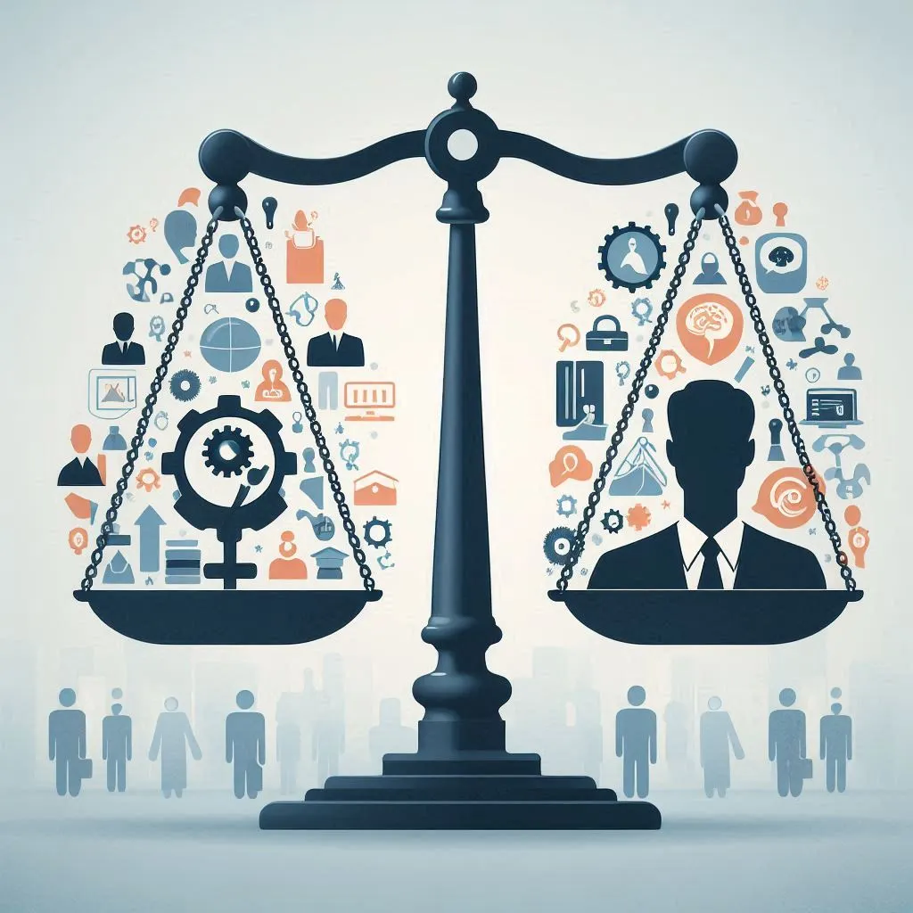 Une balance de la justice équilibrant d'un côté des icônes de compétences (engrenage, cerveau, etc.) et de l'autre des silhouettes humaines diverses. L'image doit symboliser l'équilibre, l'éthique et l'équité dans le recrutement. Couleurs douces et professionnelles.