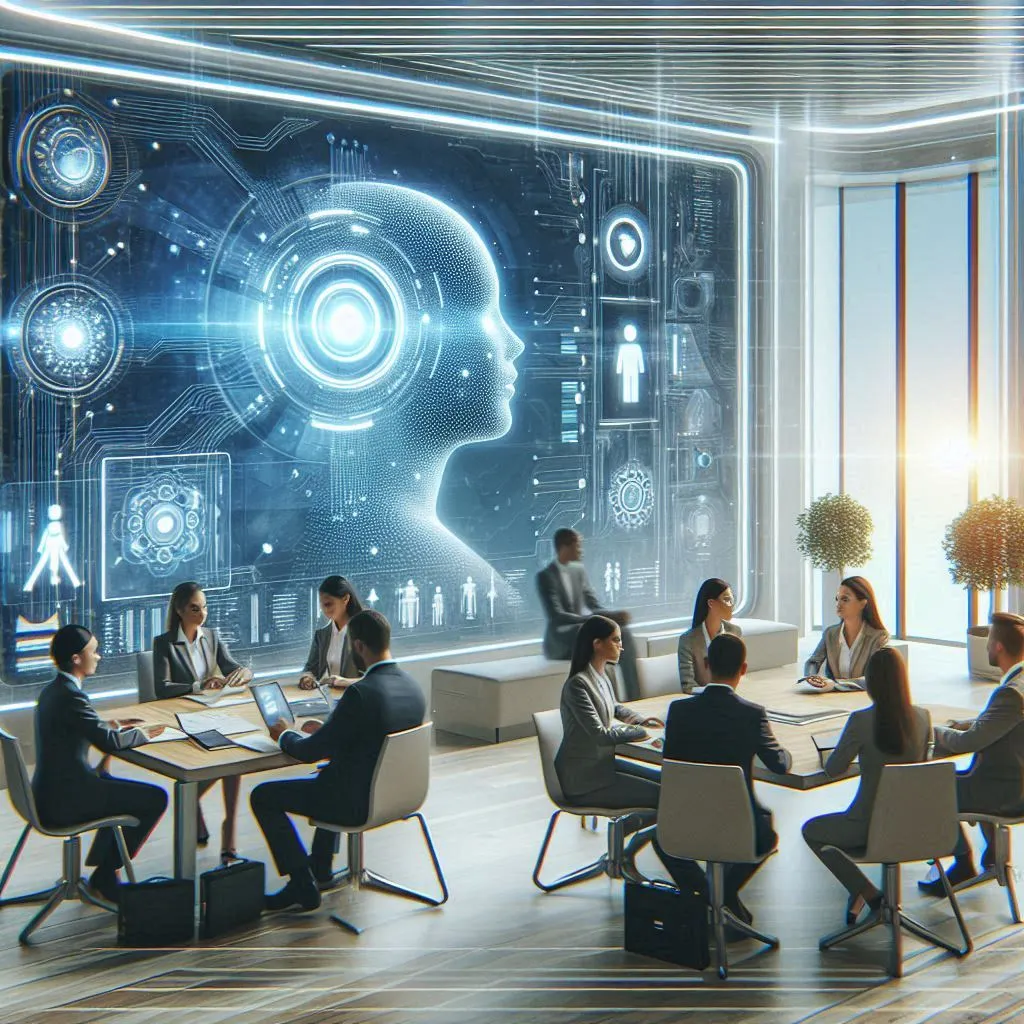 A futuristic office setting with diverse professionals collaborating, subtle AI interfaces in the background, symbolizing intelligent recruitment in 2025. Modern, clean, digital art.