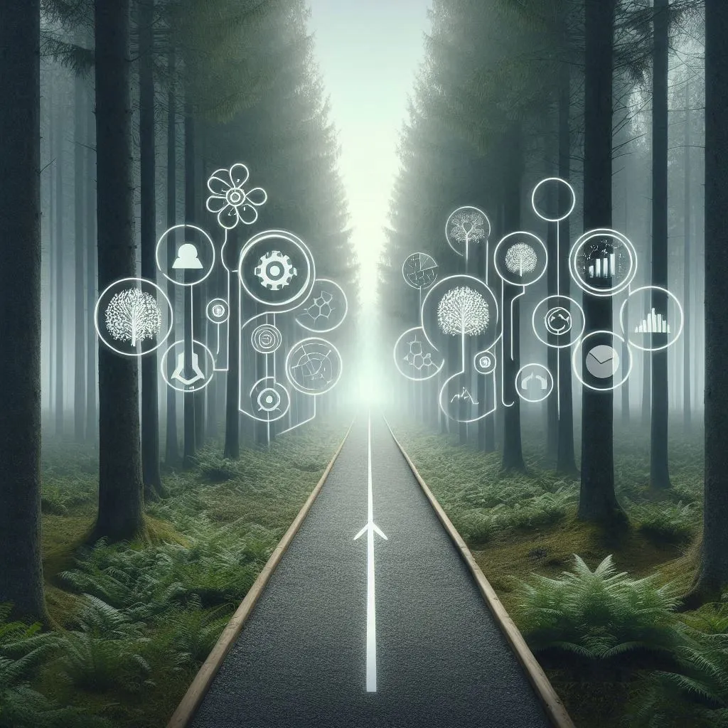 Un chemin droit et clair traversant une forêt dense et brumeuse. Le chemin représente le processus de recrutement sans biais, tandis que la forêt symbolise les biais cognitifs. L'image doit inspirer la clarté et la possibilité d'atteindre l'objectif.