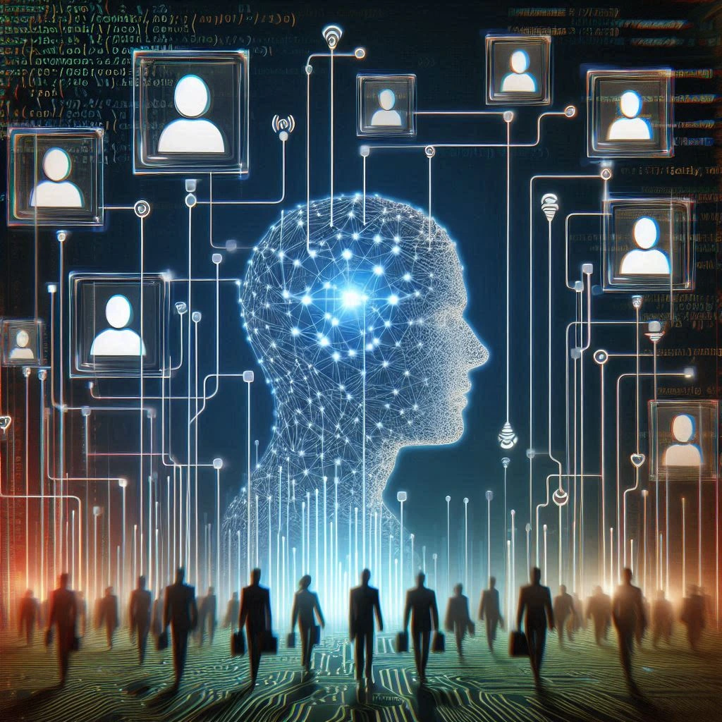 A digital network connecting various candidate profiles to job descriptions, with AI algorithms visually represented as lines of code or neural networks, symbolizing efficient matching. Modern, abstract, digital art.