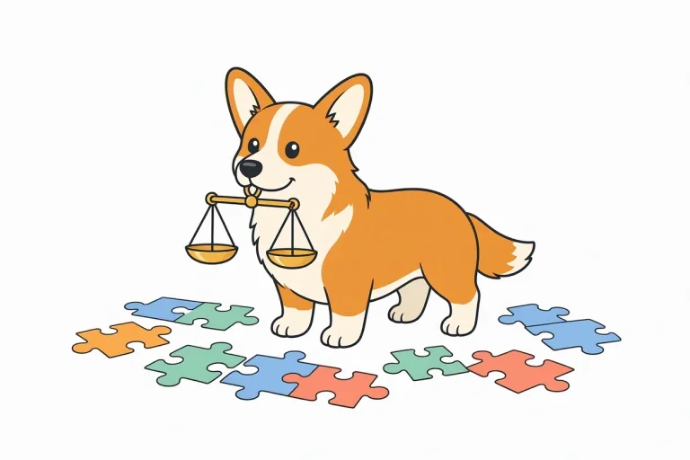 Un corgi porte une balance de la justice en équilibre dans sa gueule, entouré de pièces de puzzle colorées, illustration des 26 critères de discrimination à l'embauche