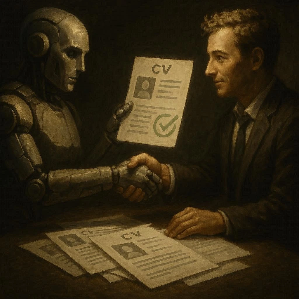 Un robot et un humain se serrant la main au-dessus d'une pile de CV. Le robot tend un CV validé (avec une coche verte) à l'humain. L'image doit symboliser la collaboration, l'efficacité et la confiance entre l'homme et la machine.