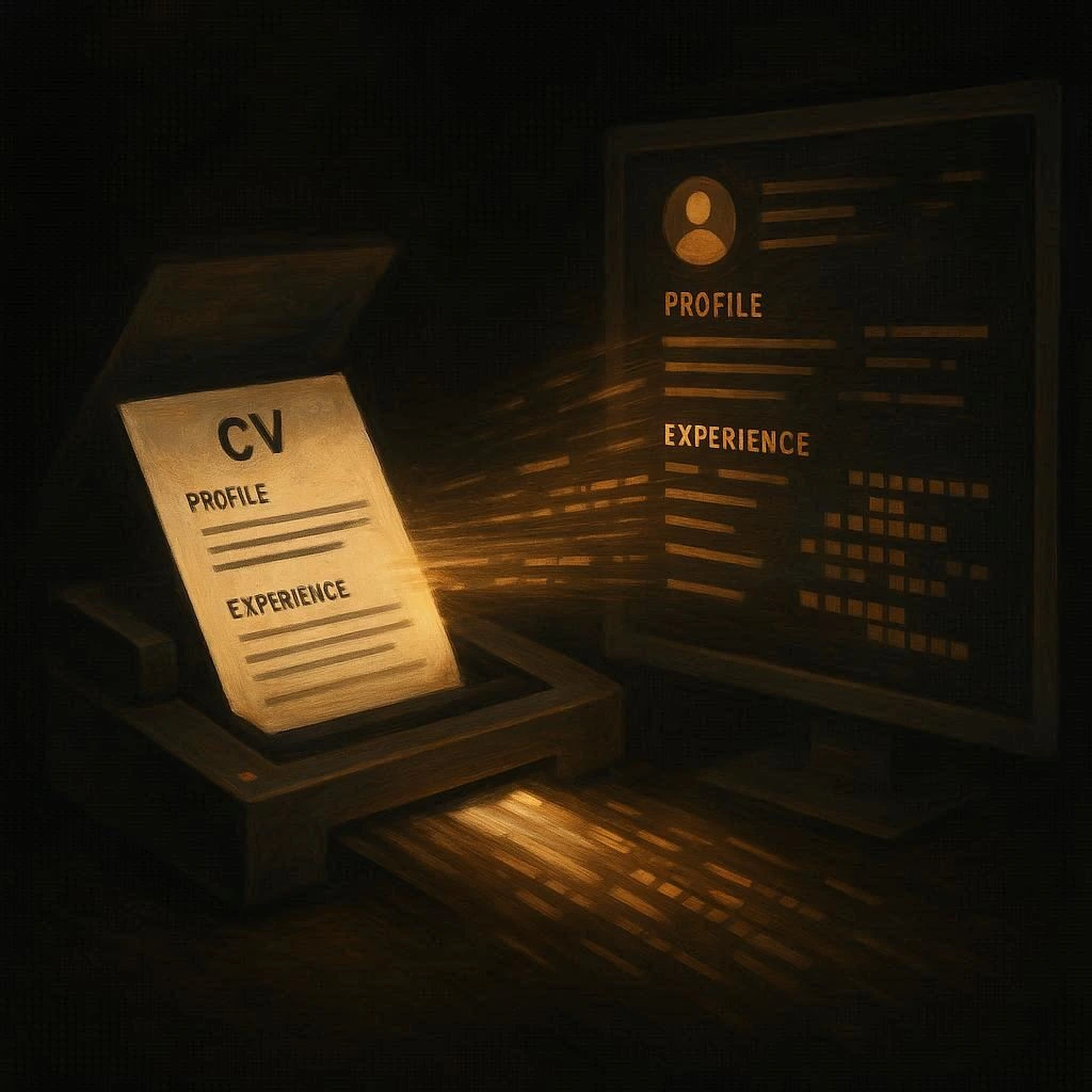 Un CV papier traditionnel passant dans un scanner et ressortant de l'autre côté sous forme de données numériques structurées et claires sur un écran. L'image doit illustrer la transformation, la structuration et la rapidité.