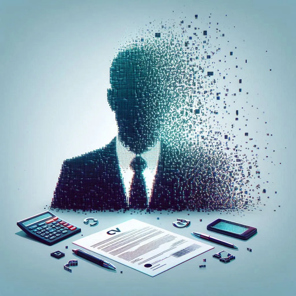 Un CV classique se désagrégeant en pixels ou en particules, tandis qu'émerge un profil de compétences numérique et épuré. L'image doit symboliser la transition du CV traditionnel vers de nouvelles formes d'évaluation.