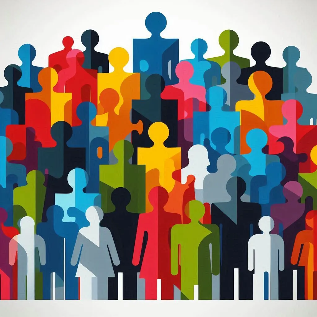 Un groupe de silhouettes humaines de diverses formes et tailles, certaines colorées, d'autres grises, s'assemblant comme les pièces d'un puzzle pour former un ensemble cohérent. L'image doit symboliser l'inclusion et la force de la diversité.