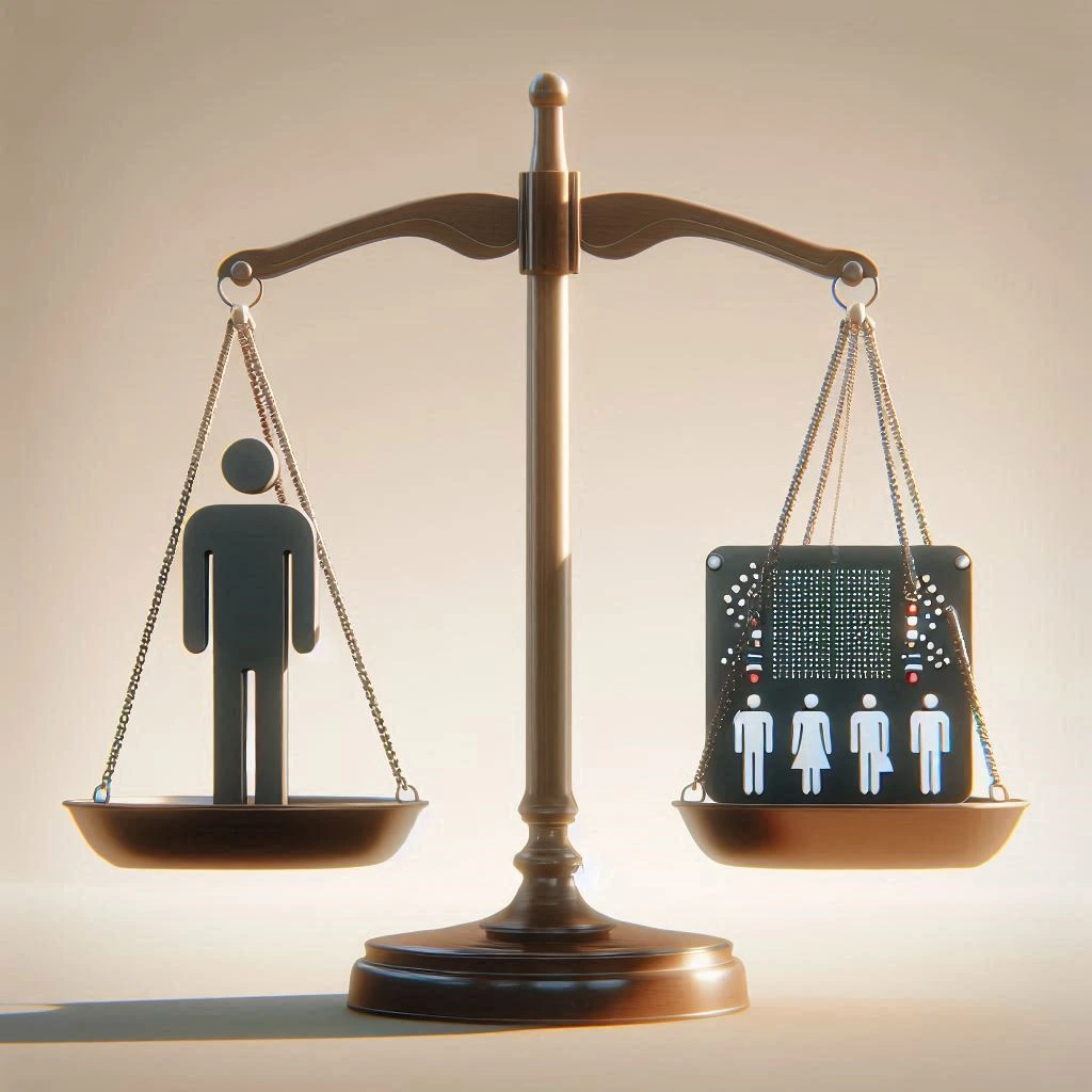 Illustration d'une intelligence artificielle aidant à un recrutement éthique, avec des symboles de justice et d'équilibre.