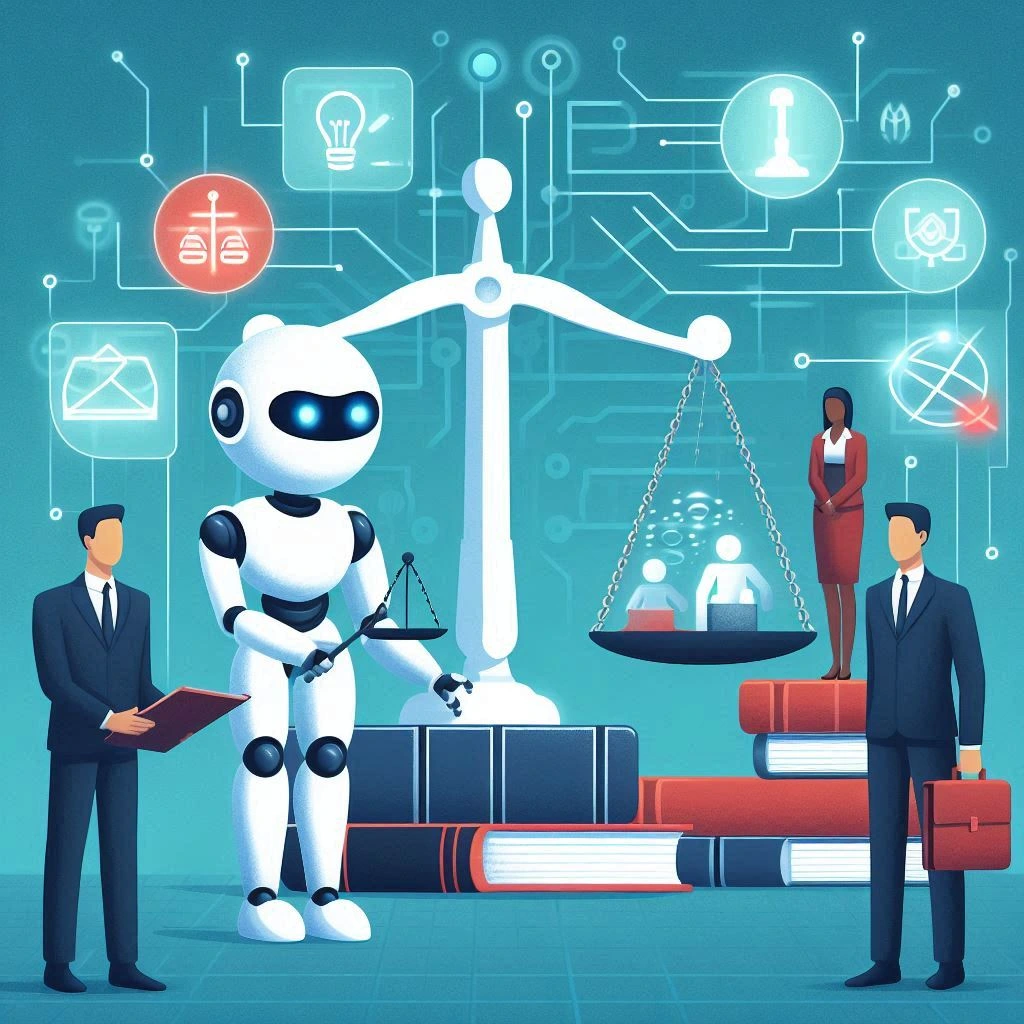 A balanced scale with human figures on one side and AI algorithms on the other, symbolizing AI's role in reducing recruitment bias. Neutral colors, professional, conceptual art.