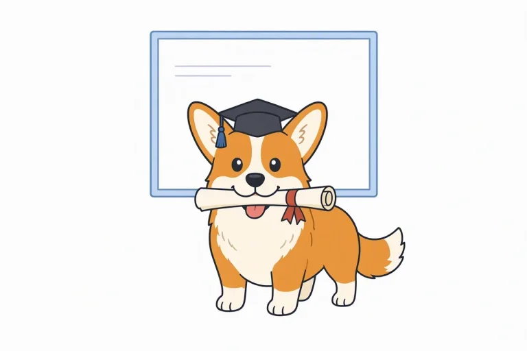 Un corgi coiffé d'une toque de diplômé tient une attestation dans sa gueule devant un tableau blanc, image de la formation non-discrimination à l'embauche obligatoire des recruteurs