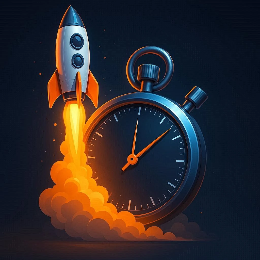 Une fusée décollant d'un chronomètre, symbolisant la rapidité et l'efficacité du recrutement. Style moderne et épuré