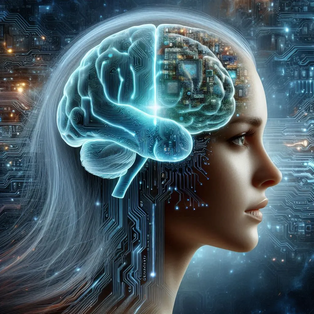 Un cerveau humain dont un hémisphère est organique et l'autre est composé de circuits imprimés et de flux de données numériques. L'image doit symboliser l'alliance de l'intuition humaine et de la puissance de la data.