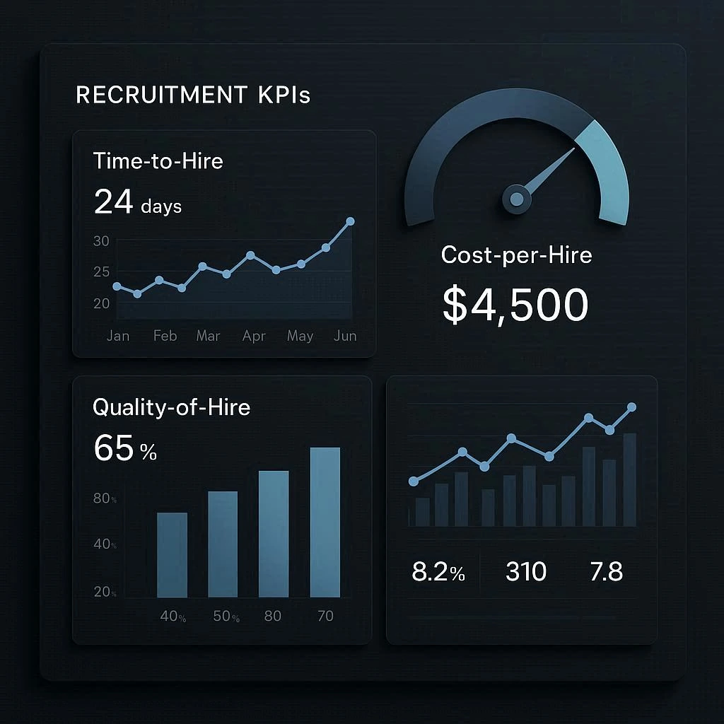 Un tableau de bord (dashboard) moderne et épuré affichant des graphiques et des jauges pour les KPIs de recrutement : Time-to-Hire, Cost-per-Hire, Quality-of-Hire. L'image doit évoquer la mesure, la performance et le pilotage de données.