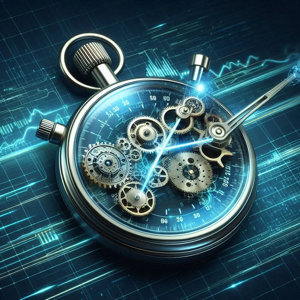 A stopwatch with AI-powered gears and cogs, symbolizing the significant reduction in time-to-hire due to artificial intelligence. Dynamic, modern, digital art.