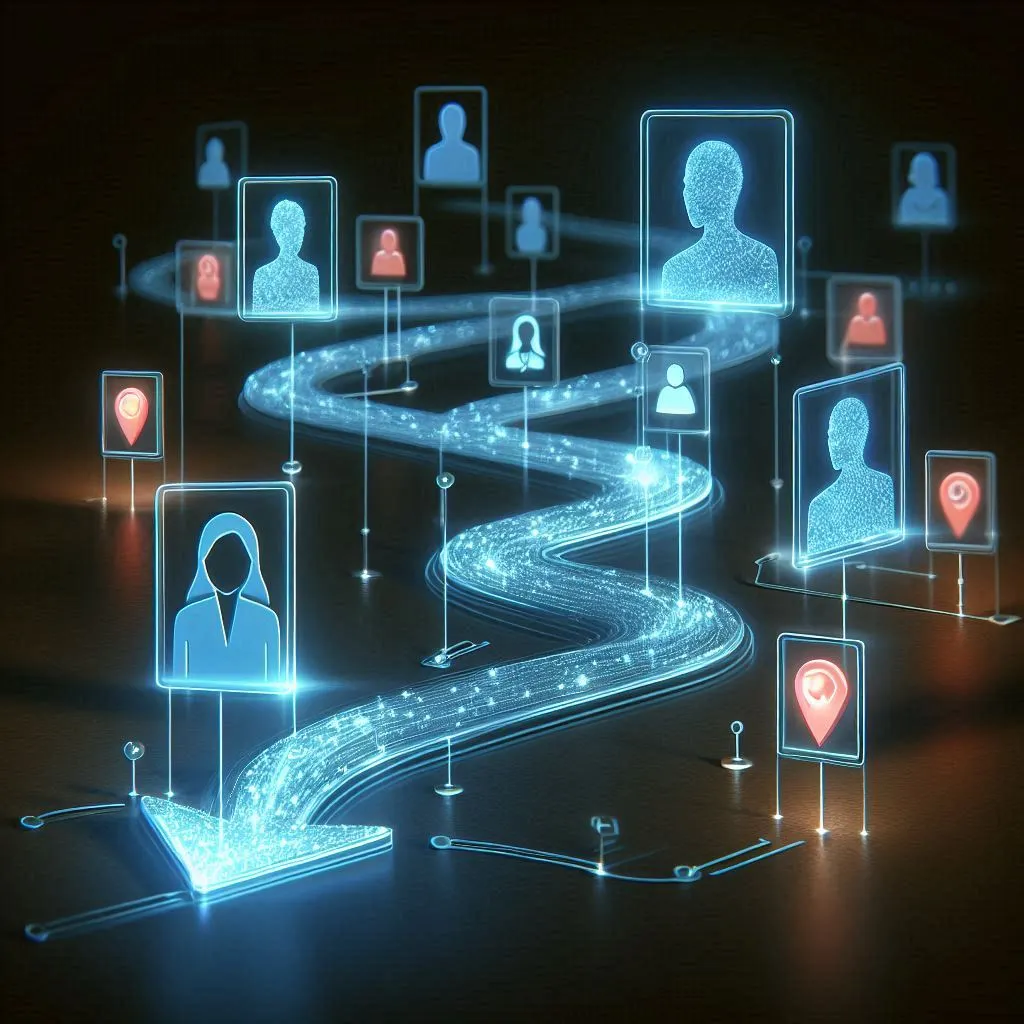 Un chemin fluide et lumineux guidant un personnage (candidat) à travers différentes étapes (icônes : CV, entretien, offre). Le chemin est pavé de points de données connectés. L'image doit symboliser un parcours candidat personnalisé, fluide et guidé par la data.