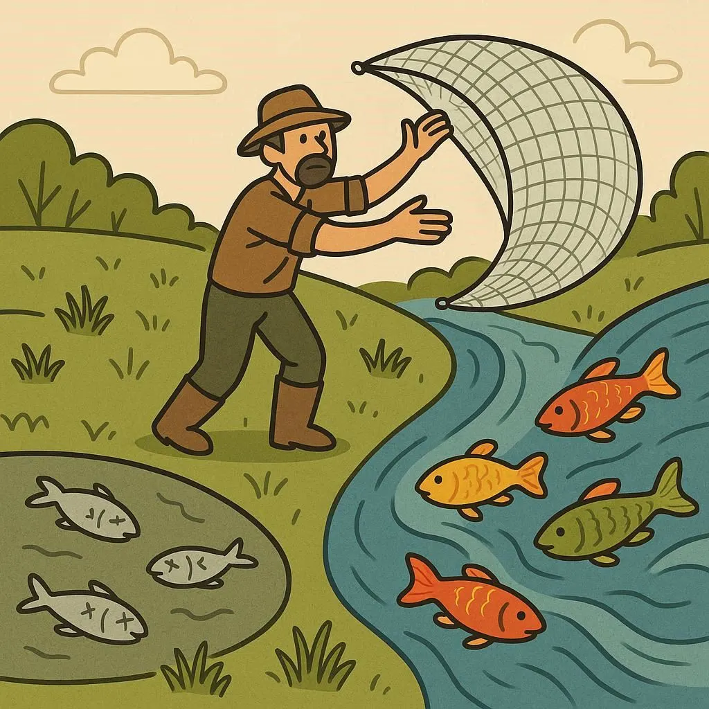 Un pêcheur jetant son filet dans une rivière où nagent des poissons brillants et vifs (données récentes), ignorant un étang stagnant à côté où flottent des poissons inertes (données obsolètes). L'image doit être une métaphore claire de l'importance de cibler les données fraîches.