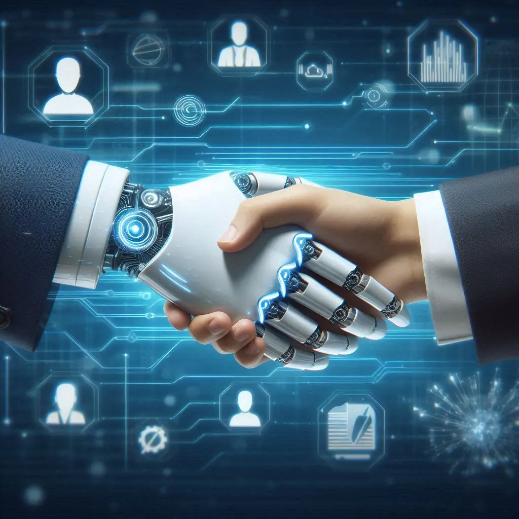 An AI robot hand shaking a human hand in a professional setting, symbolizing the acceleration of recruitment through automation. Futuristic, clean design, professional, digital art.