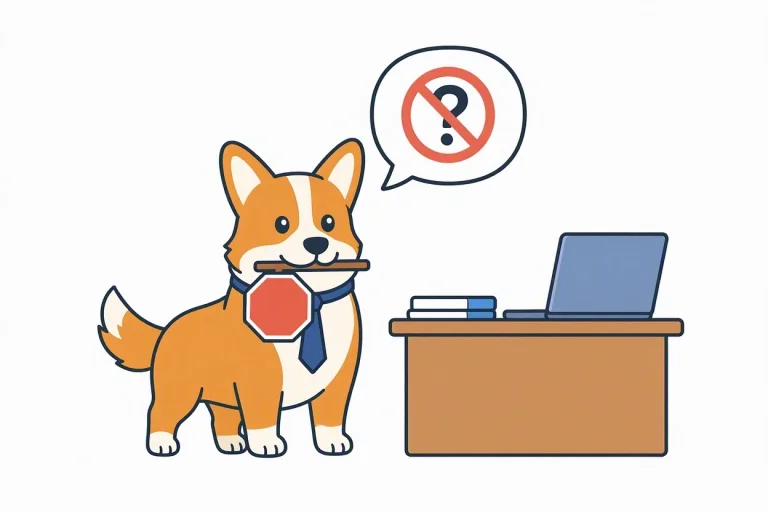 Un corgi en cravate tient un panneau stop dans sa gueule à côté d'un bureau d'entretien, sous une bulle au point d'interrogation barré, image des questions interdites en entretien d'embauche