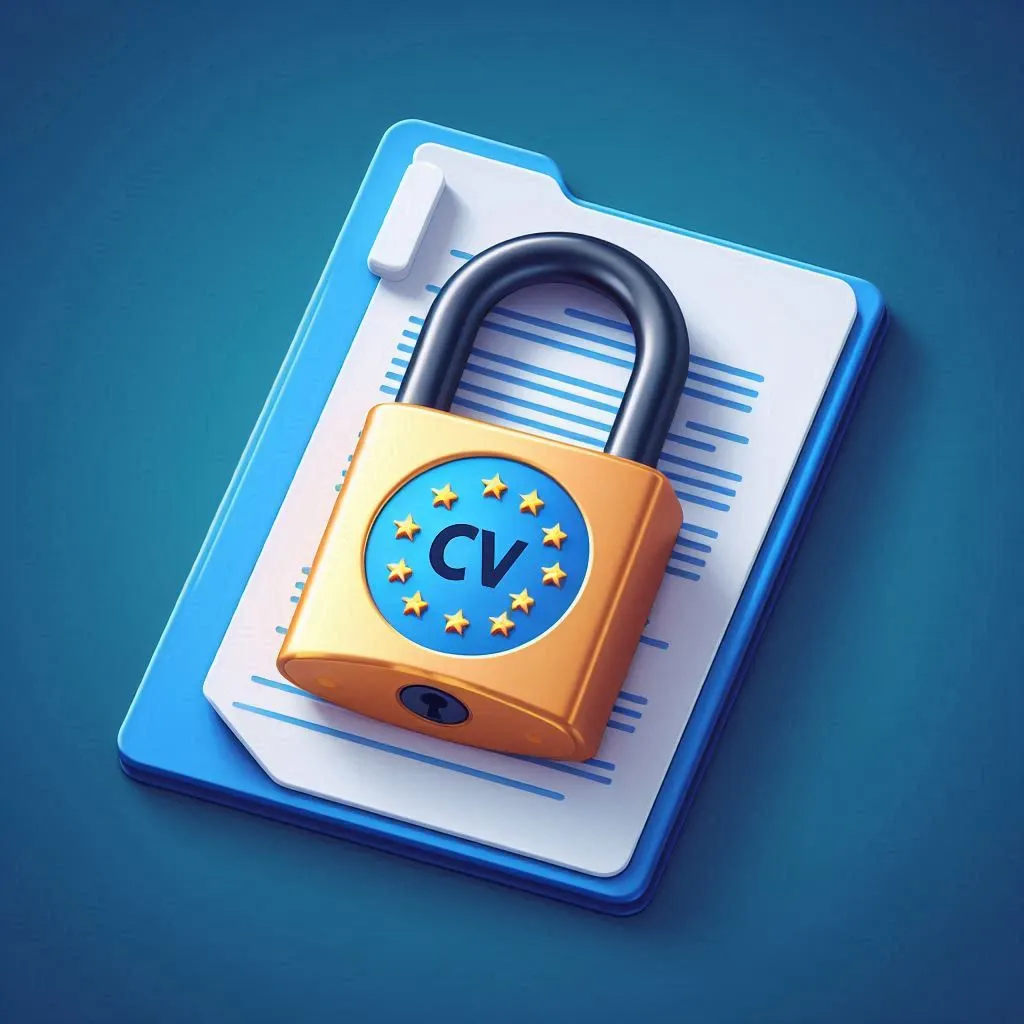Un cadenas protégeant un dossier de CV. Le cadenas est orné d'un bouclier avec les étoiles européennes. L'image doit symboliser la protection des données, la sécurité et la conformité légale (RGPD).