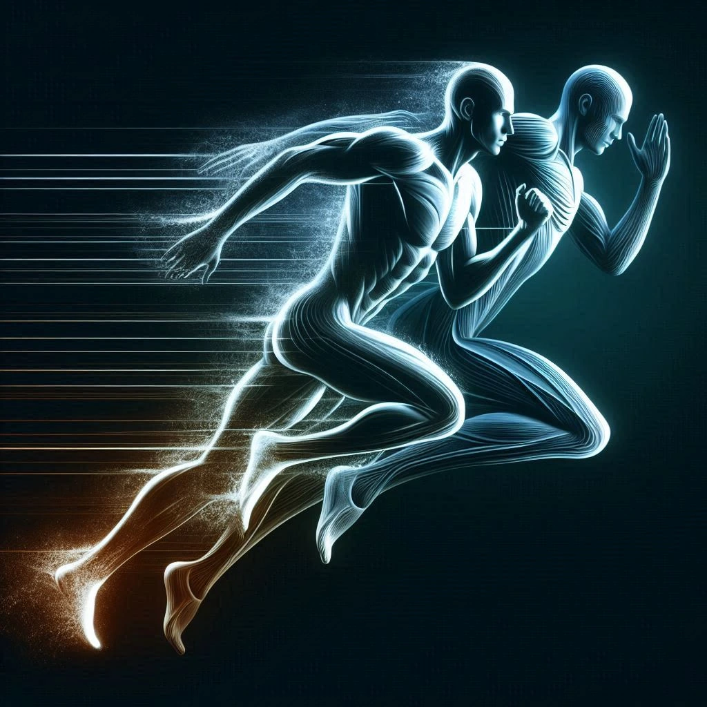 Deux athlètes, un sprinter et un marathonien, fusionnant en un seul personnage. Le sprinter symbolise la vitesse, le marathonien la qualité et l'endurance. L'image doit représenter l'union de la rapidité et de la performance durable.