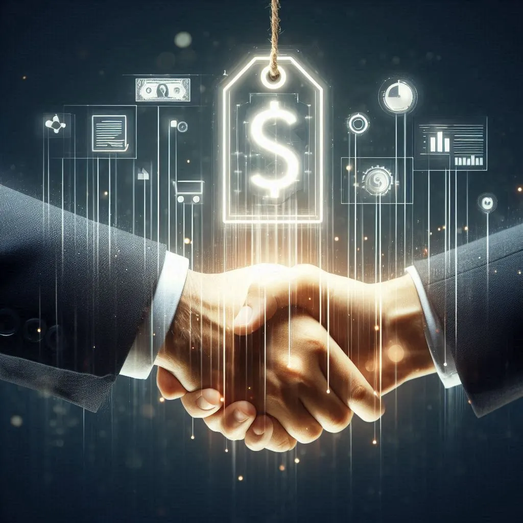 Une poignée de main entre deux personnes, avec une étiquette de prix transparente et claire flottant au-dessus. L'image doit symboliser un accord honnête, la confiance et la clarté financière.