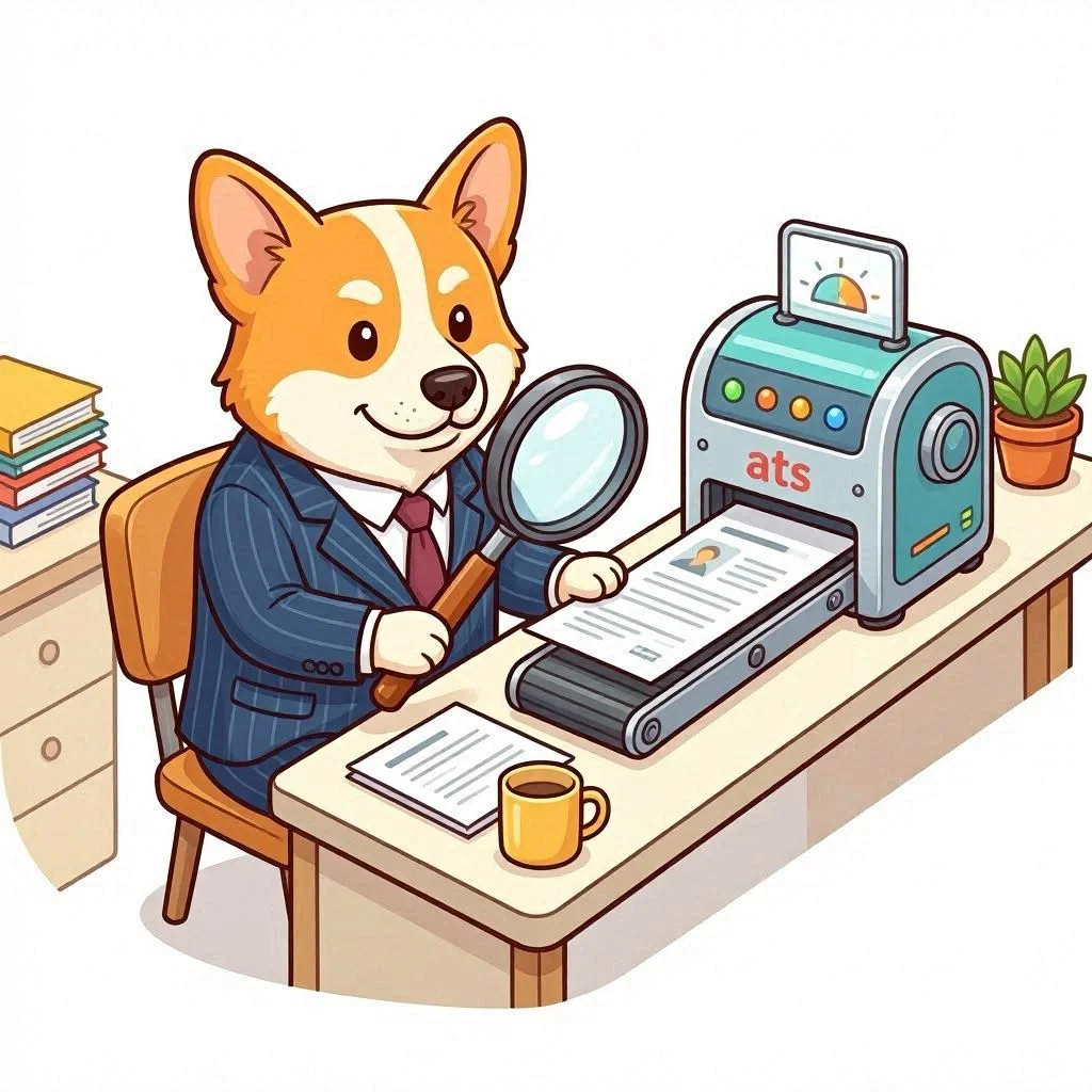 Un corgi accompagné d'un robot ATS qui analyse un CV pour en tester la compatibilité