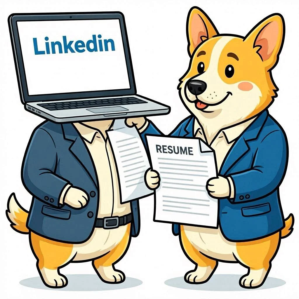 Un corgi qui compare un profil LinkedIn et un CV