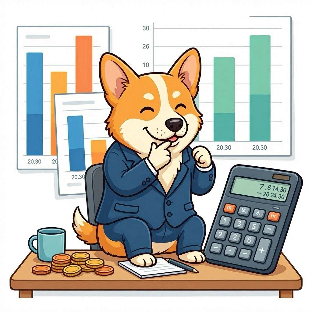 Un corgi en costume analyse une courbe de salaire