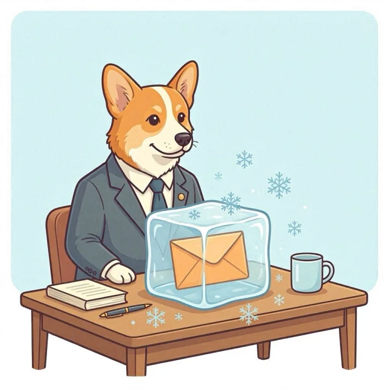 Un corgi en costume face à un coffre-fort marqué budget gelé, ouvrant une porte latérale