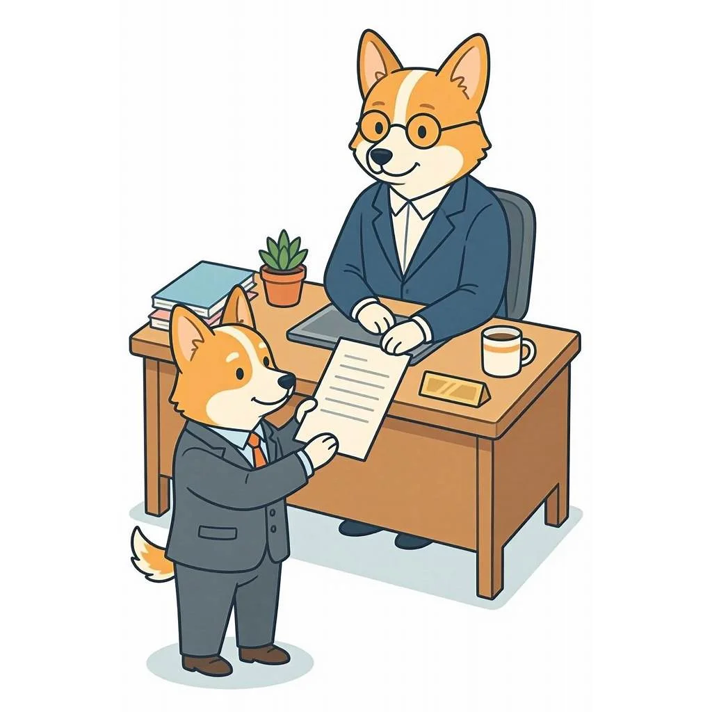 Un corgi en costume présente une demande d'augmentation à son manager