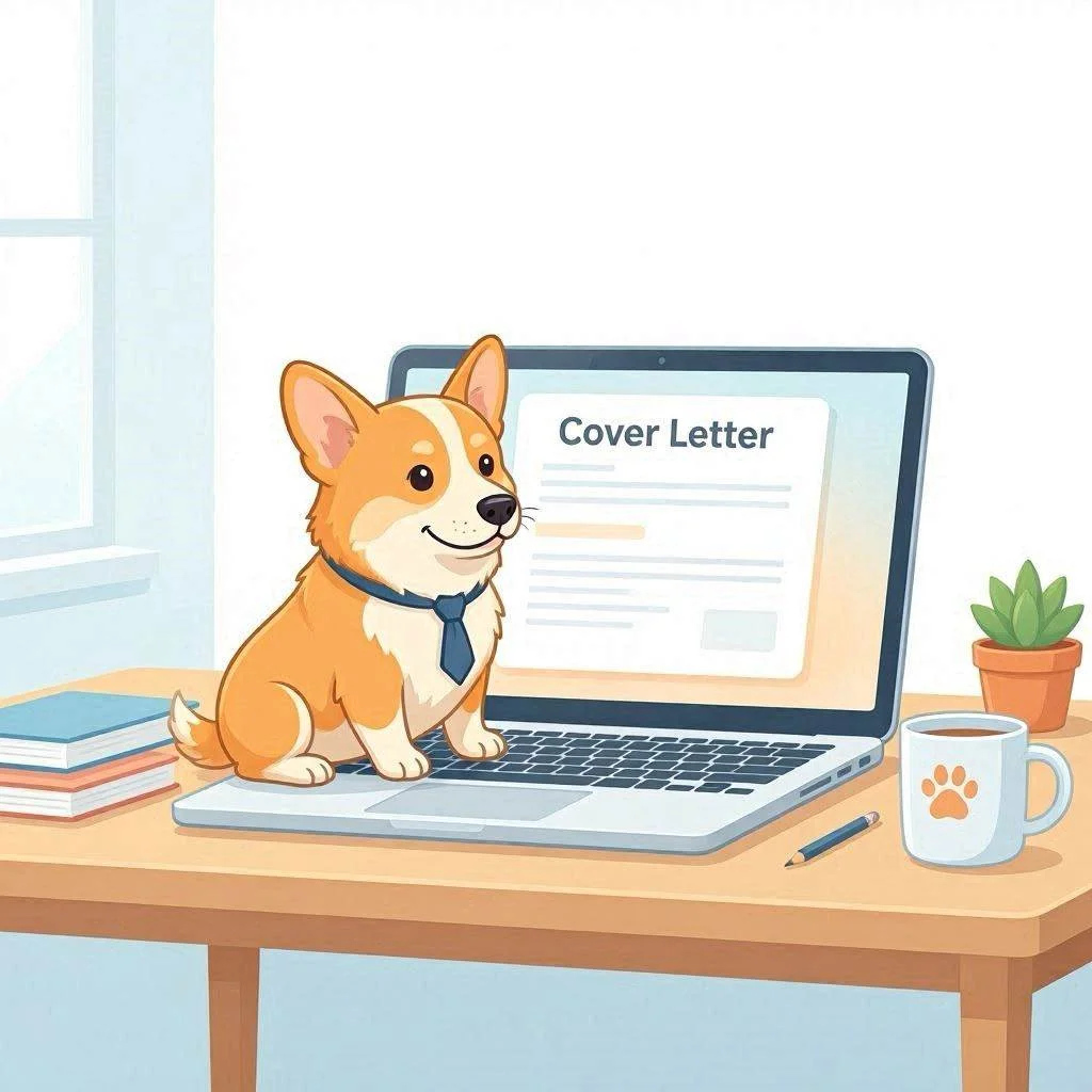 Un corgi rédige une lettre de motivation sur un ordinateur portable