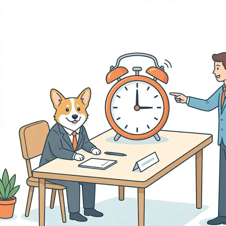 Un corgi en costume garde son calme face à un sablier qu'un recruteur agite avec insistance