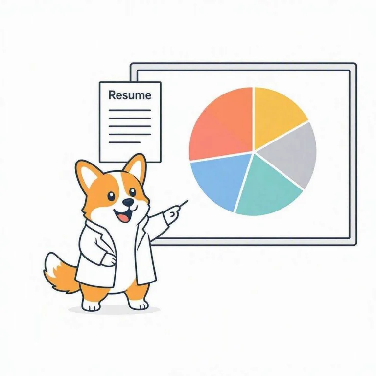 Un corgi en blouse blanche présente au tableau la répartition des rubriques du score Epimoni