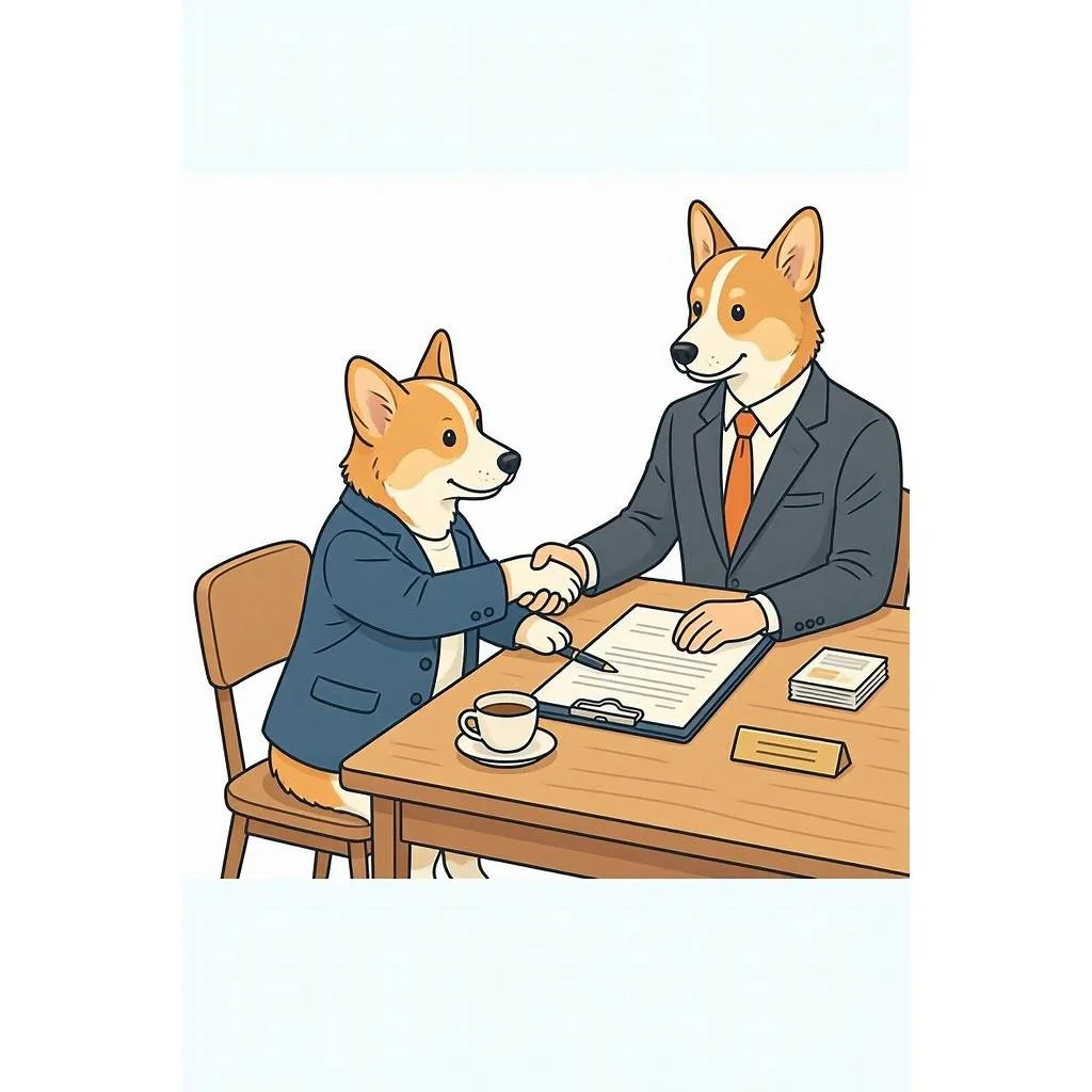Un jeune corgi enthousiaste négocie son premier contrat de travail