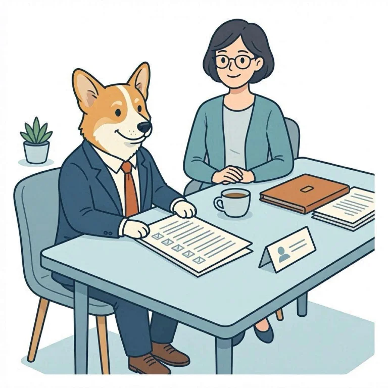 Un corgi en costume relit son pense-bête de négociation face à un recruteur
