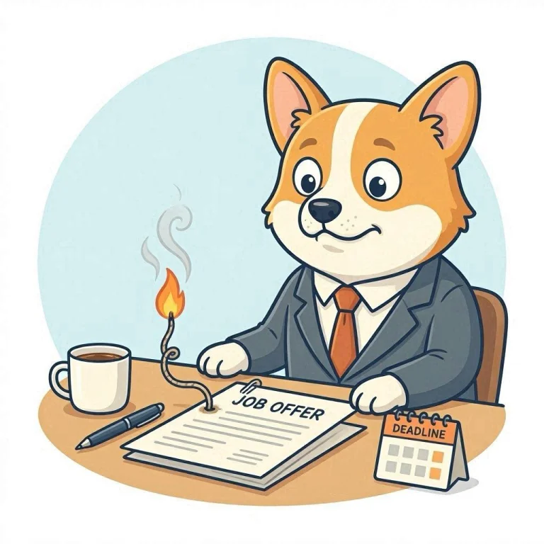 Un corgi en costume regarde un sablier pendant qu'un recruteur tape sur sa montre