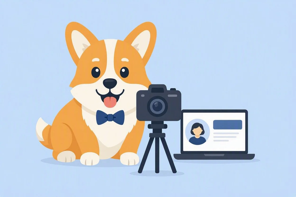 Un corgi pose devant un appareil photo, à côté d'un écran de profil LinkedIn