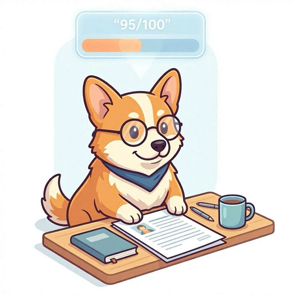 Un corgi analyse un CV et affiche un score ATS sur 100
