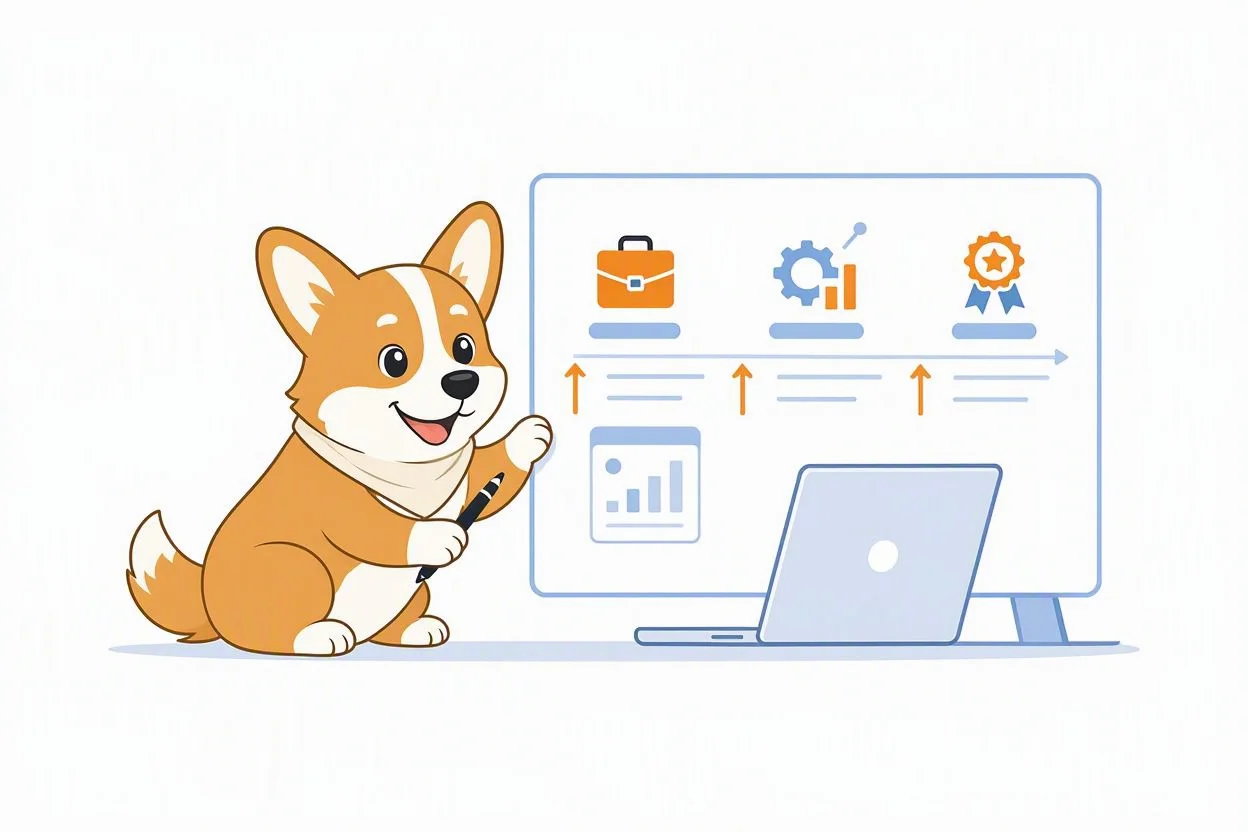 Un corgi complète une frise de parcours professionnel au stylo