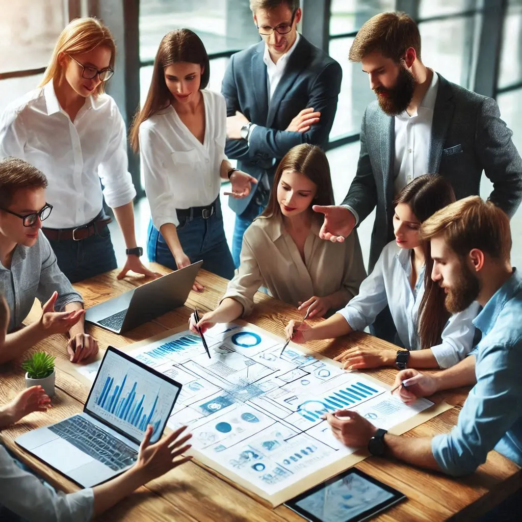 Illustration of a team of professionals collaborating on a project in a modern office environment, exchanging ideas and sharing clear responsibilities
