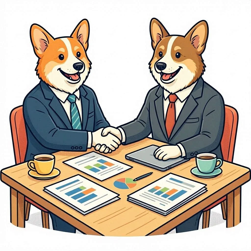 Two corgis in suits shaking hands across a negotiation table