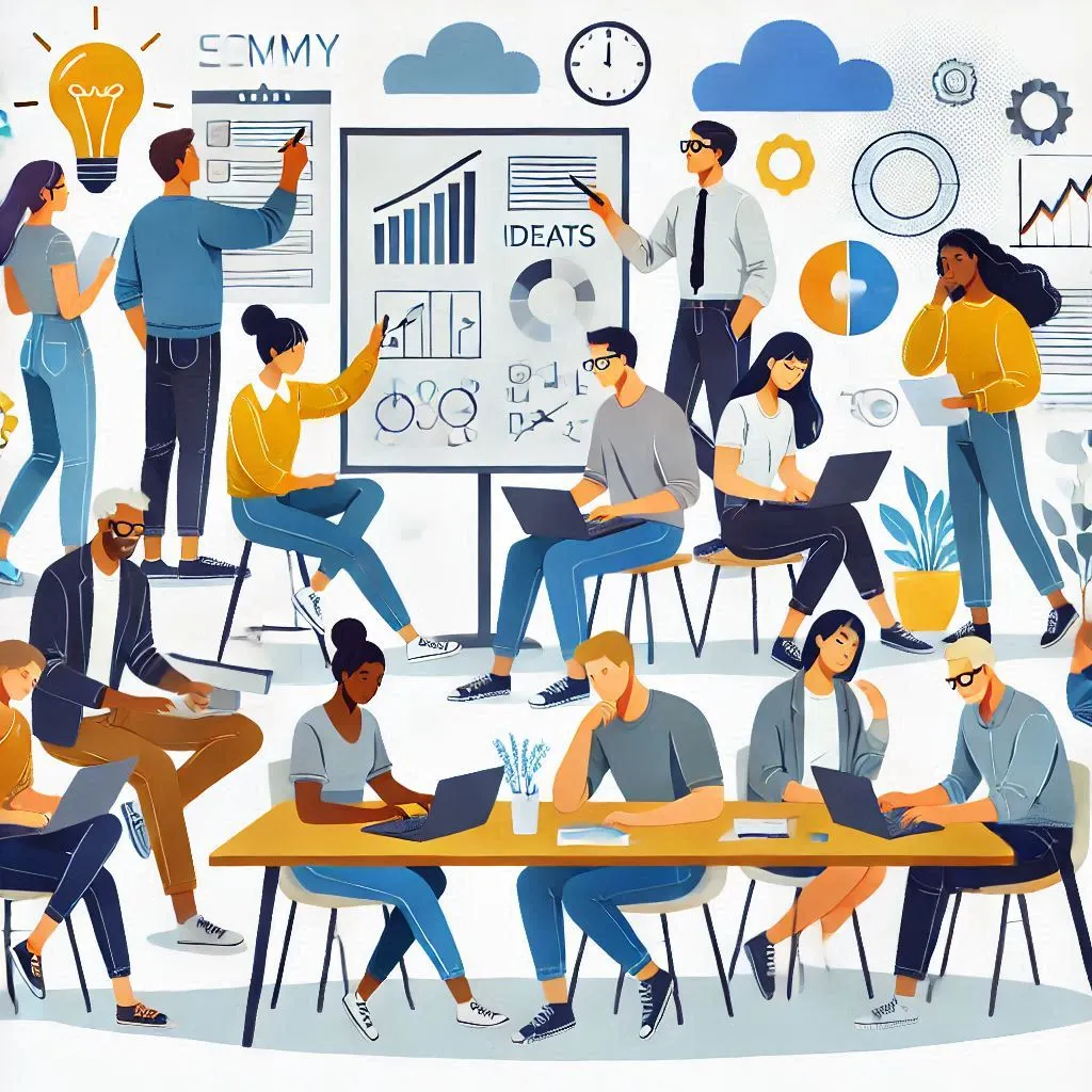 A dynamic team collaborating on a project in a meeting room.