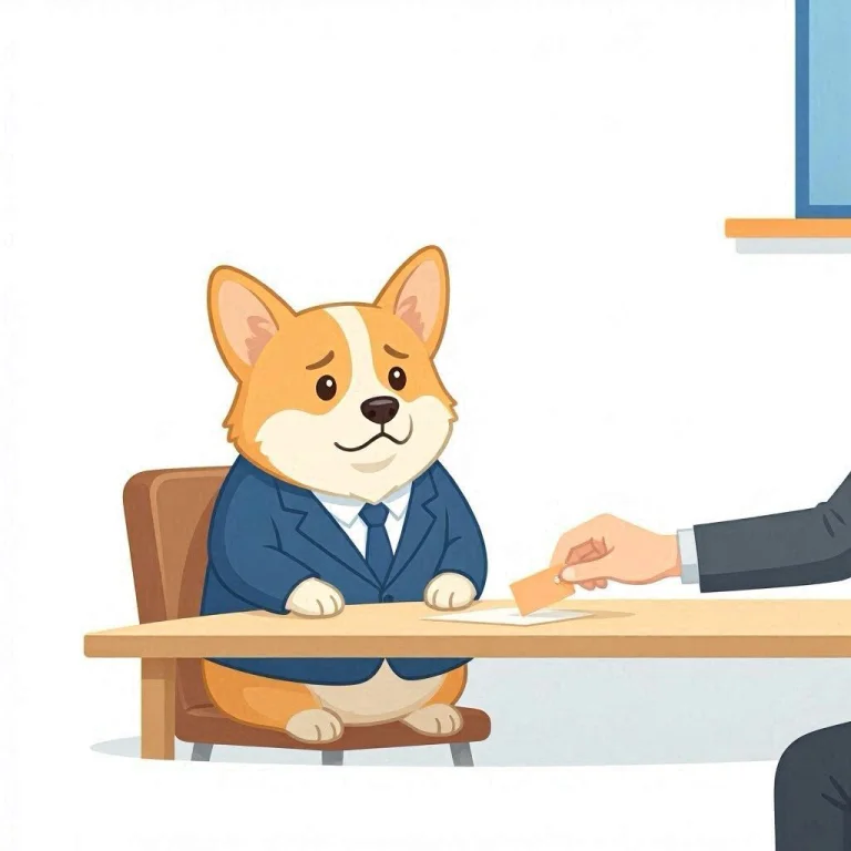A corgi in a suit watches a recruiter place a low number on the table