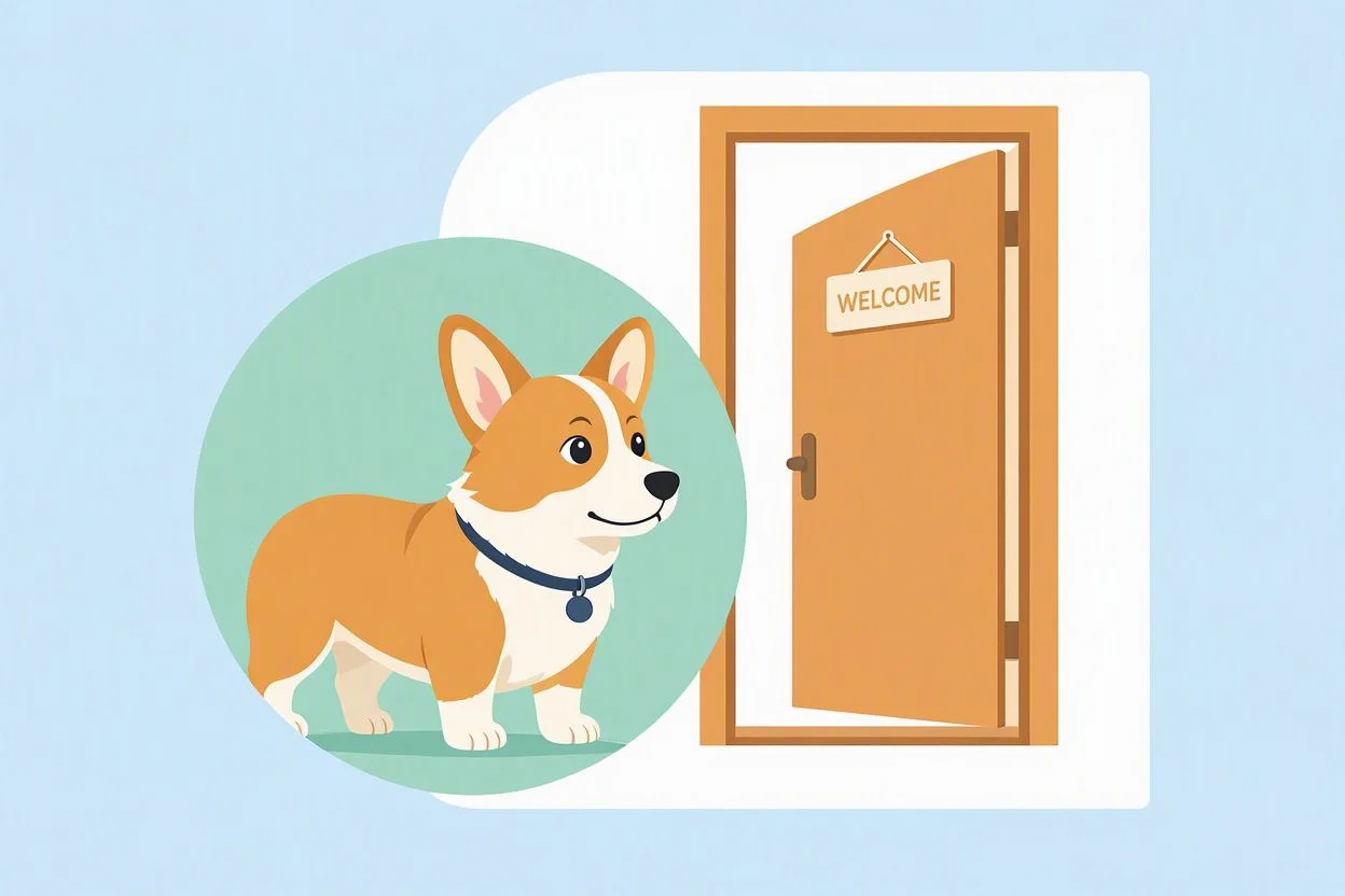 A corgi inside a round green frame, in front of an open door