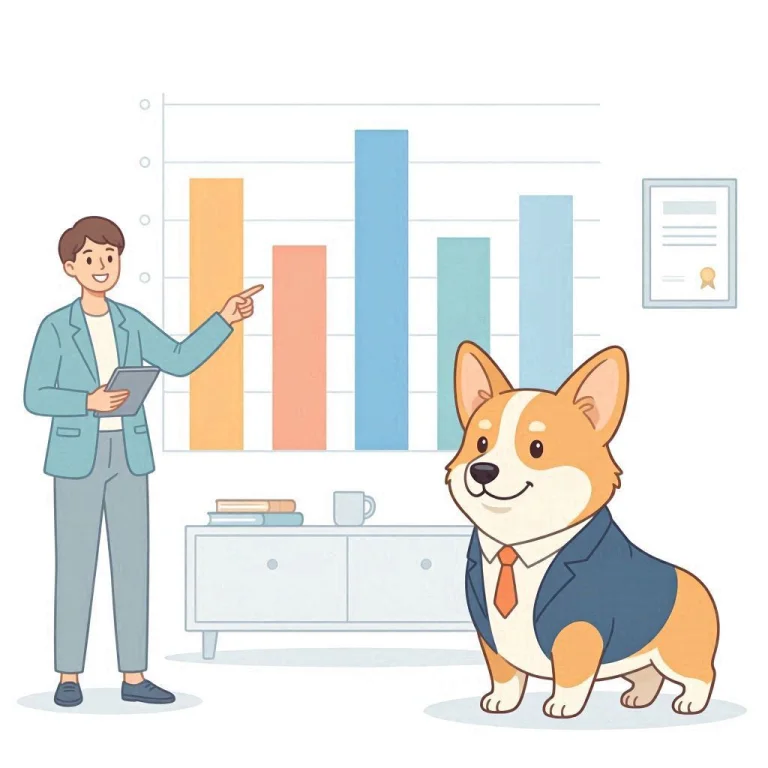 A corgi in a suit looking at scales comparing two team salaries