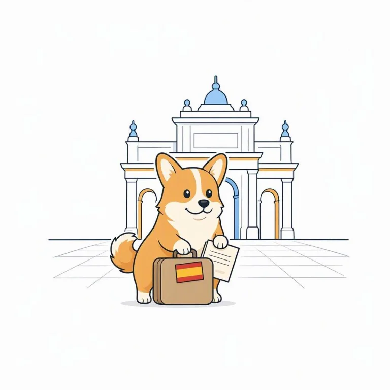 Corgi with a suitcase bearing the Spanish flag and a CV in front of the Puerta de Alcalá in Madrid, ready to find a job in Spain