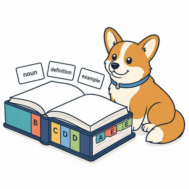 A corgi sitting beside an open dictionary with alphabet tabs and floating definition cards
