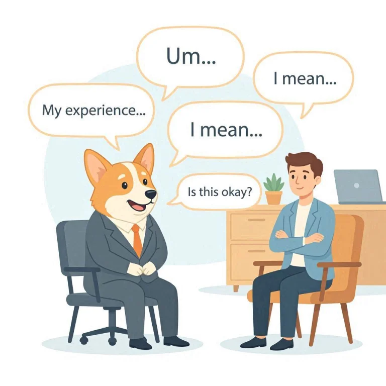 A corgi in a suit talks too much across from a silent recruiter