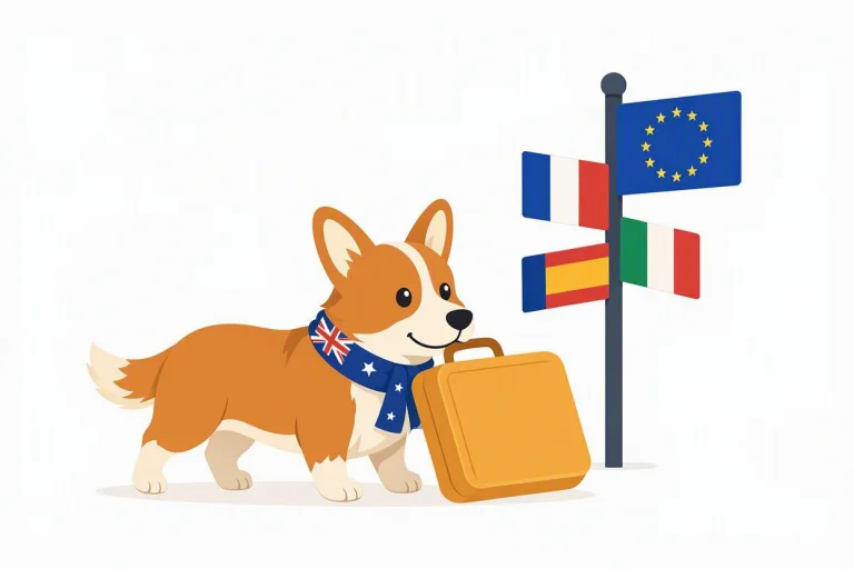 Corgi wearing an Australian flag scarf, carrying a suitcase in its mouth towards a signpost with the EU, French, Spanish and Italian flags