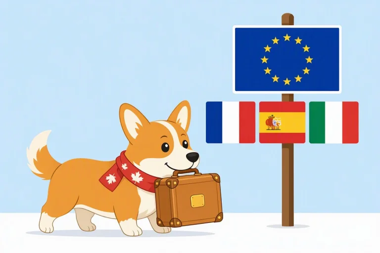 Corgi wearing a Canadian flag scarf, carrying a suitcase in its mouth towards a signpost with the EU, French, Spanish and Italian flags