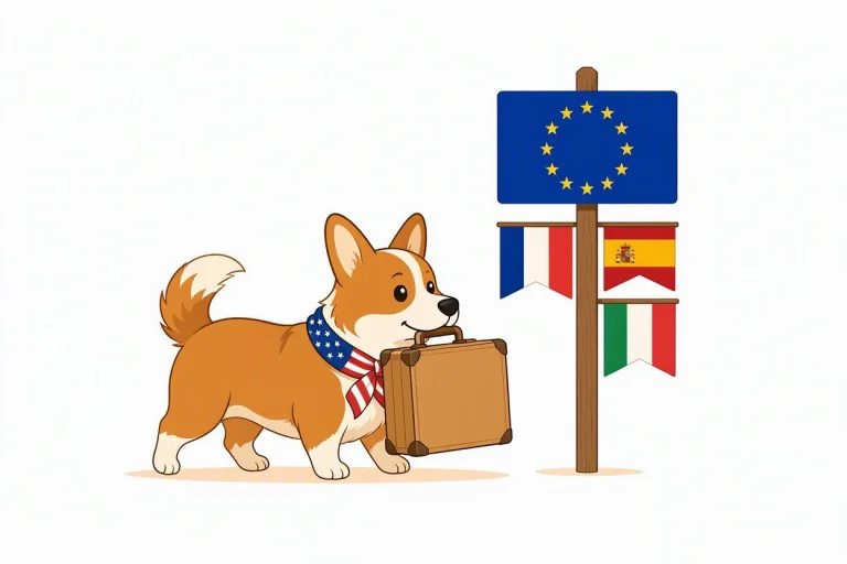 Corgi wearing a US flag scarf, carrying a suitcase in its mouth towards a signpost with the EU, French, Spanish and Italian flags